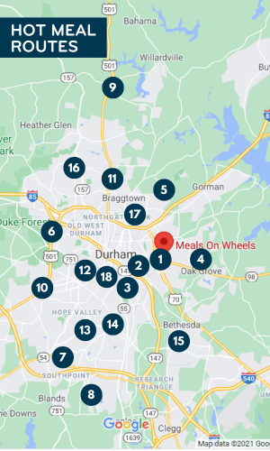 New 2023 hot meal route map. 18 total routes around Durham.