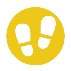 Yellow Circle with icon of the bottom of two shoes walking.
