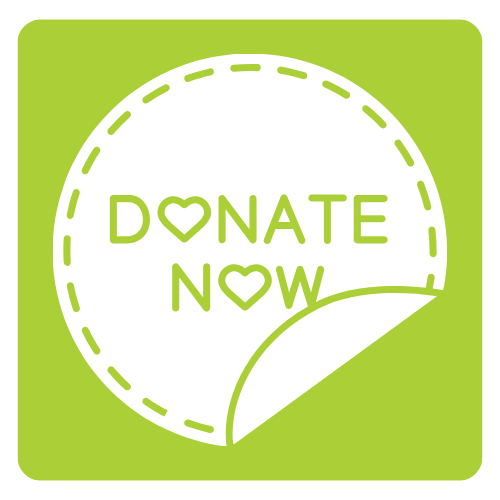 Green square with round Donate Now Sticker in white.