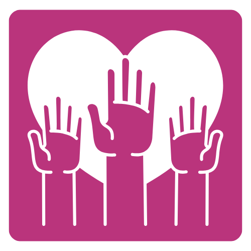 Magenta square with raised hands volunteer icon in white.