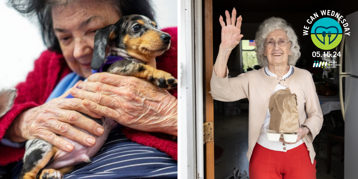 Left Picture: Older adults lady sitting while hugging small dog. Right Picture: Senior lady waving while holding a brown paper bag at her front door.